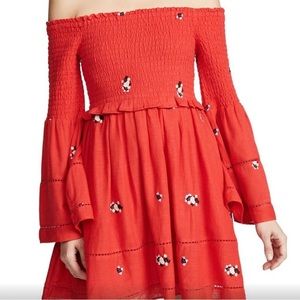 Free People Counting Daisies Embroidered Off The Shoulder Dress.